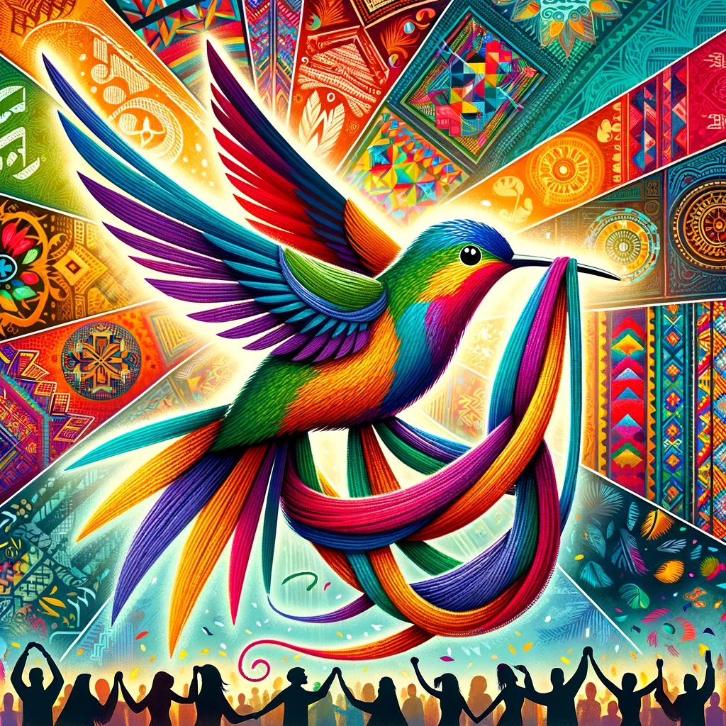 Un colibri coloré tissant une tapesterie vibrante qui symbolise l'unité et la diversité des cultures, entouré de silhouettes dansantes représentant la fraternité mondiale.